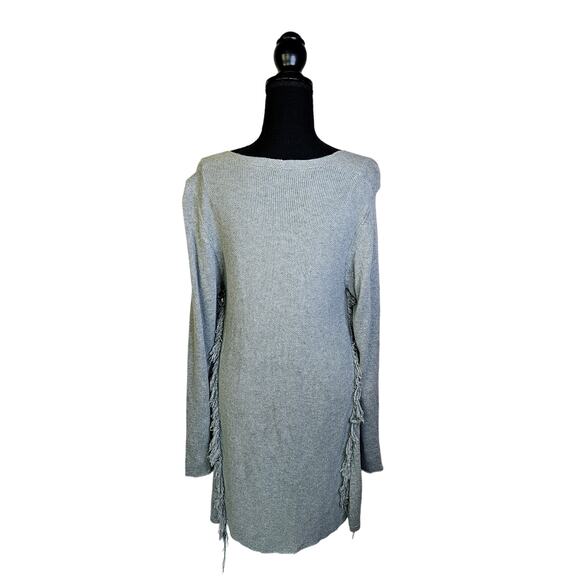 Charlie Paige Gray Long Sleeve Waffle Knit Sweater Fringe Sides Size Large - Picture 3 of 11